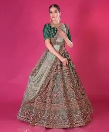Bridal multicolor lehenga in microvelvet fabric designed in rama green color