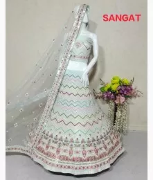 Designer white lehenga with geometrical zig zag design from resham fabric
