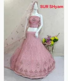Pink lehenga in net fabric with resham embroidery and heavy dupatta