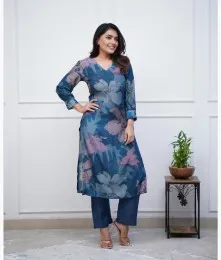 Beautiful Stiched Cotton Embroidery Blue Kurti With Pant Collection