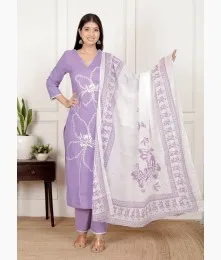 Amazing Stitched Embroidery Cotton Purple Printed Suit Set