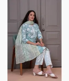 Amazing Stitched Cotton Blue Suit Set