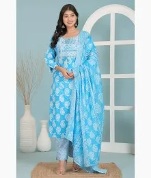 Beautiful Stitched Embroidery Cotton Blue Suit Set