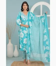 Lovely Stitched Embroidery Cotton Blue Suit Set