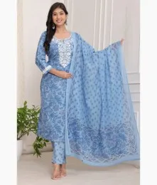Wonderful Stitched Embroidery Cotton Blue Suit Collection