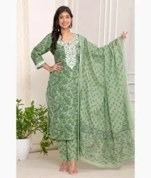 Wonderful Stitched Embroidery Cotton Green Suit Collection