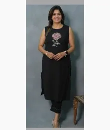Elegant Stitched Embroidery Cotton Black Kurta With Pant Collection
