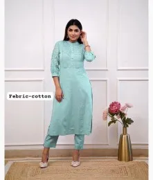 Amazing Stitched Embroidery Cotton Blue Kurta With Pant Collection