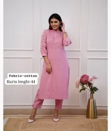 Amazing Stitched Embroidery Cotton Pink Kurta With Pant Collection