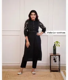 Amazing Stitched Embroidery Cotton Black Kurta With Pant Collection