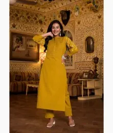 Amazing Stitched Embroidery Cotton Yellow Kurta With Pant Collection