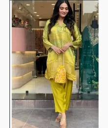 Beautiful Stitched Embroidery Silk Yellow Real Mirror Top With Pant Collection