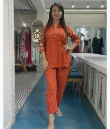 Gorgeous Stitched Cotton Embroidery Orange Co-Ord Set