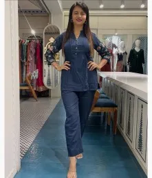 Gorgeous Stitched Cotton Embroidery Blue Co-Ord Set