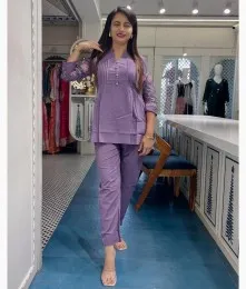 Gorgeous Stitched Cotton Embroidery Purple Co-Ord Set