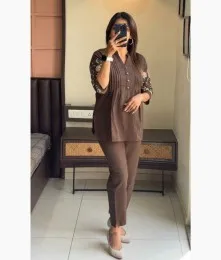 Gorgeous Stitched Cotton Embroidery Brown Co-Ord Set