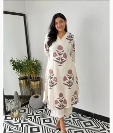 Beautiful Stitched Cotton Off-White A-Line Co-Ord Set