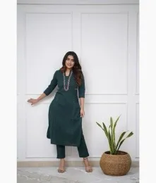 Wonderful Stitched Cotton Green Embroidery Kurti With Pant Collection