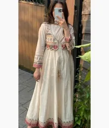 Beautiful Stitiched Embroidery Silk White Anarkali Gown Collection