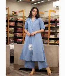 Elegant Stitched Embroidery Cotton Blue Katha Kurti With Pant Collection