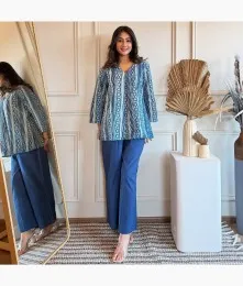 Wonderful Elegant Cotton Blue Printed Top With Palazzo Pant Collection