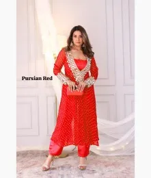 Wonderful Stitched Georgette Red Anarkali Style Side Cut Kurti With Pant Collection