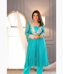 Wonderful Stitched Georgette Blue Anarkali Style Side Cut Kurti With Pant Collection