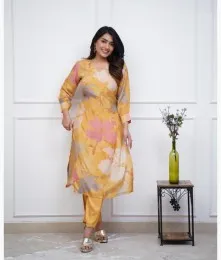 Beautiful Stiched Cotton Embroidery Yellow Kurti With Pant Collection